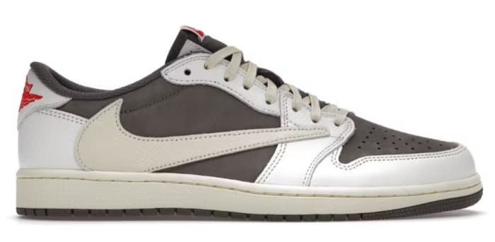 Side view of Travis Scott's brown and white Air Jordan sneaker.